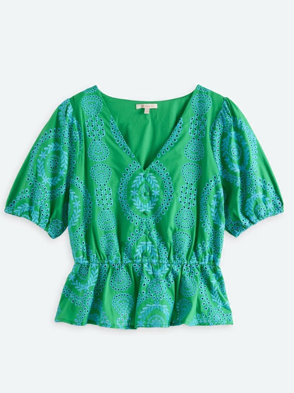Skies Are Blue Embroidered Peplum Top, Green/Light Blue, Size: Large